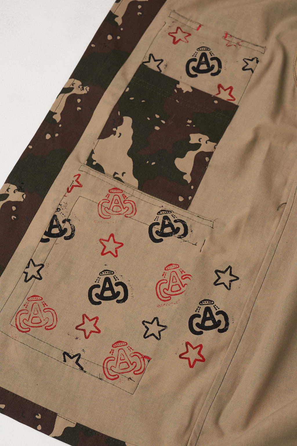 Close-up of a jacket with geometric patterns and star designs on a beige background